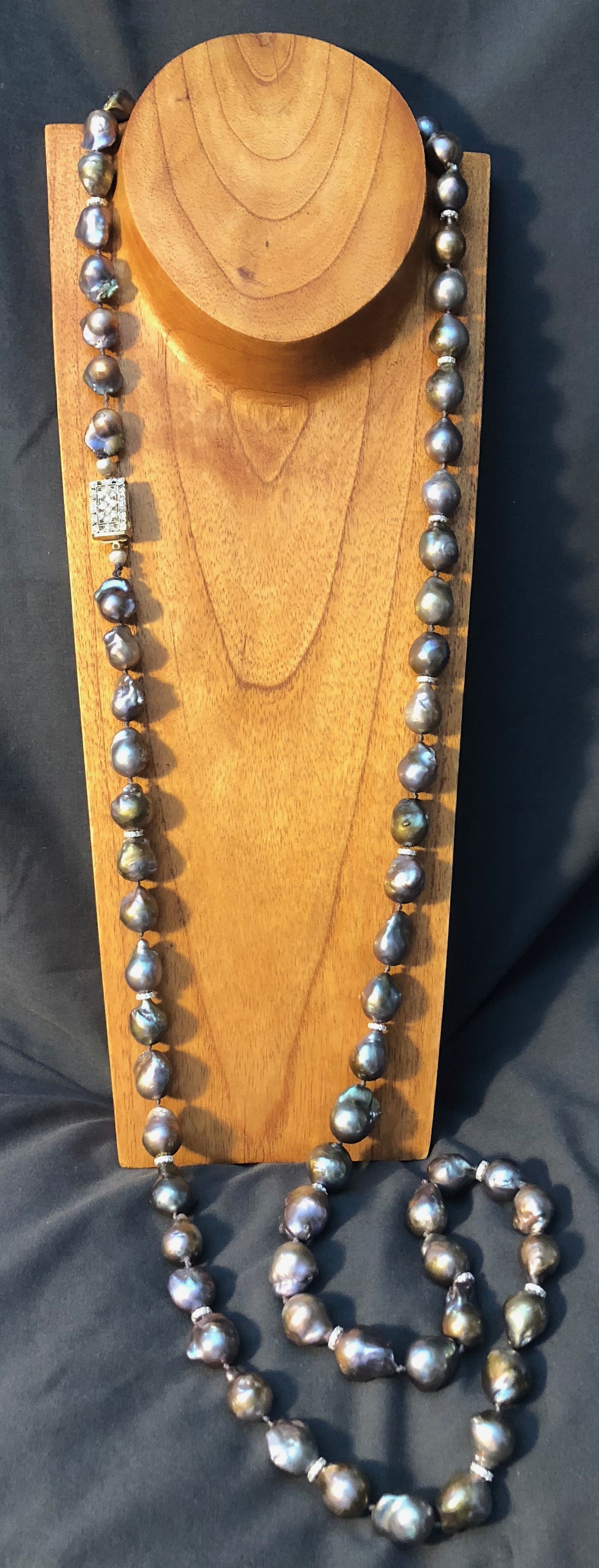 DM 13-Long Slate Grey Baroque Pearls wi14K Gold & Diamond Clasp